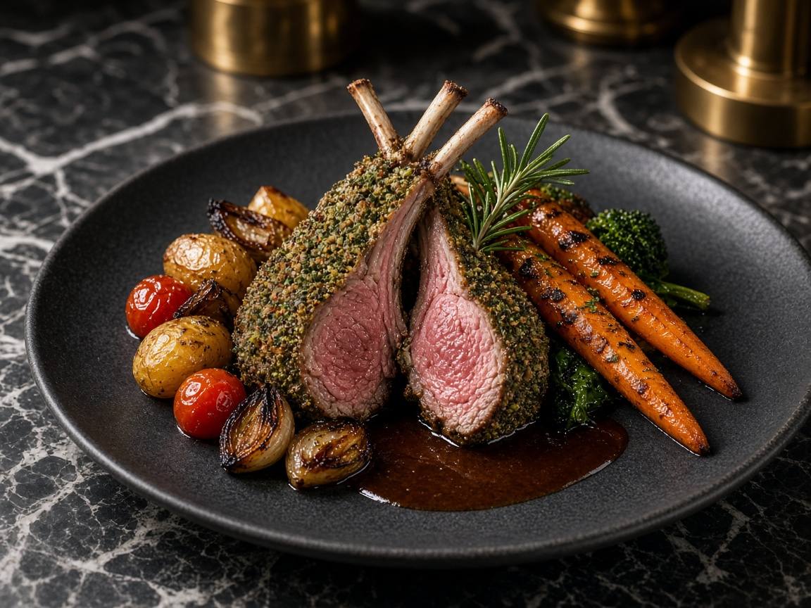Hearth main course with herb crusted lamb