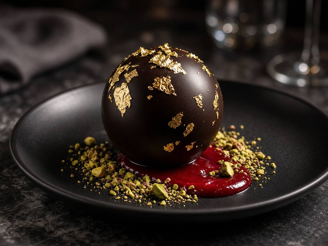 Dark chocolate sphere dessert with gold leaf